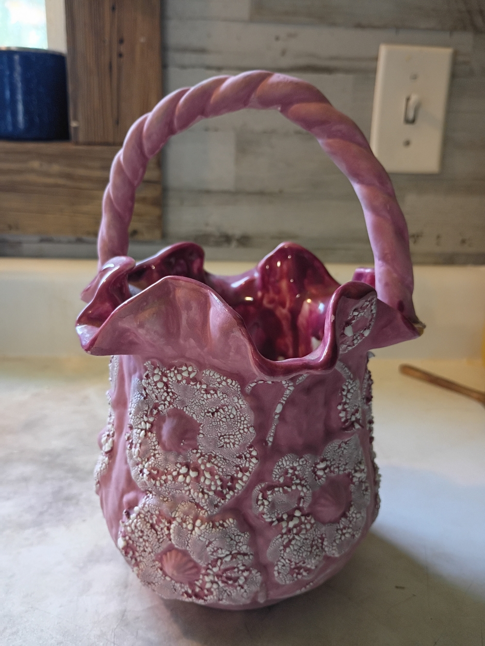 Vintage 1984 Signed Pink Ceramic Flower Basket 9"x6"